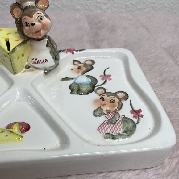 Vintage Lefton 1862 Mouse Cheese Divided Serving Tray - Picture 3 of 9